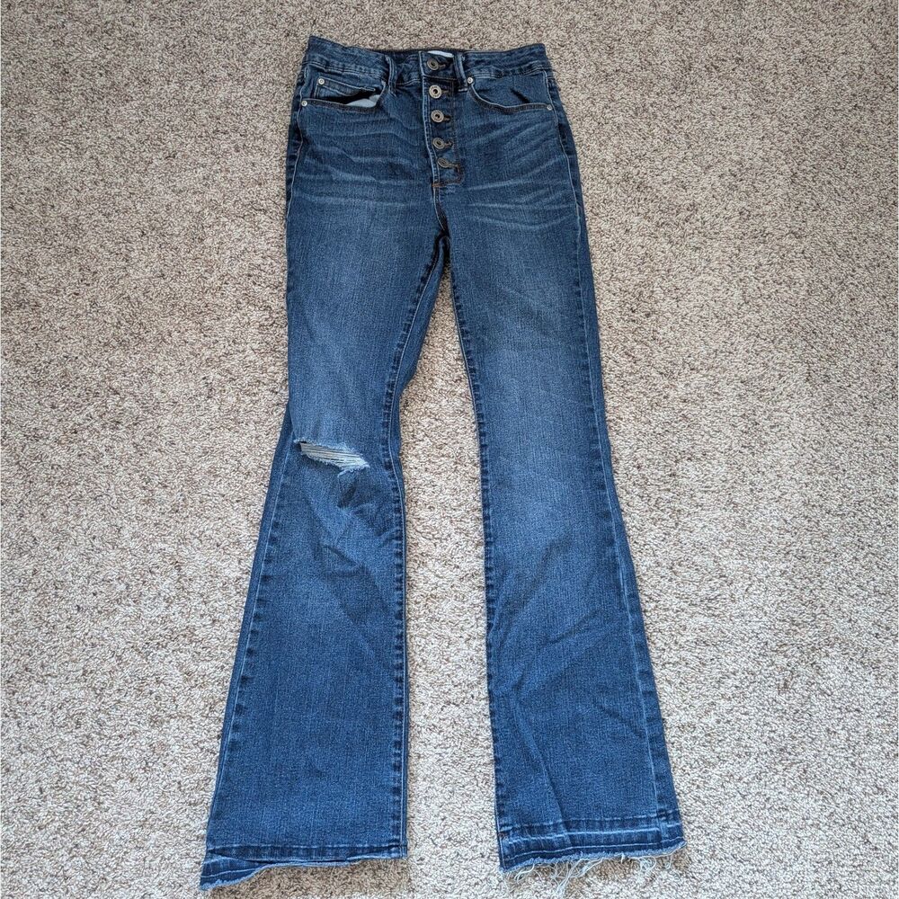 True Craft Size 5R High Rise Flare Jeans Distressed Button Fly